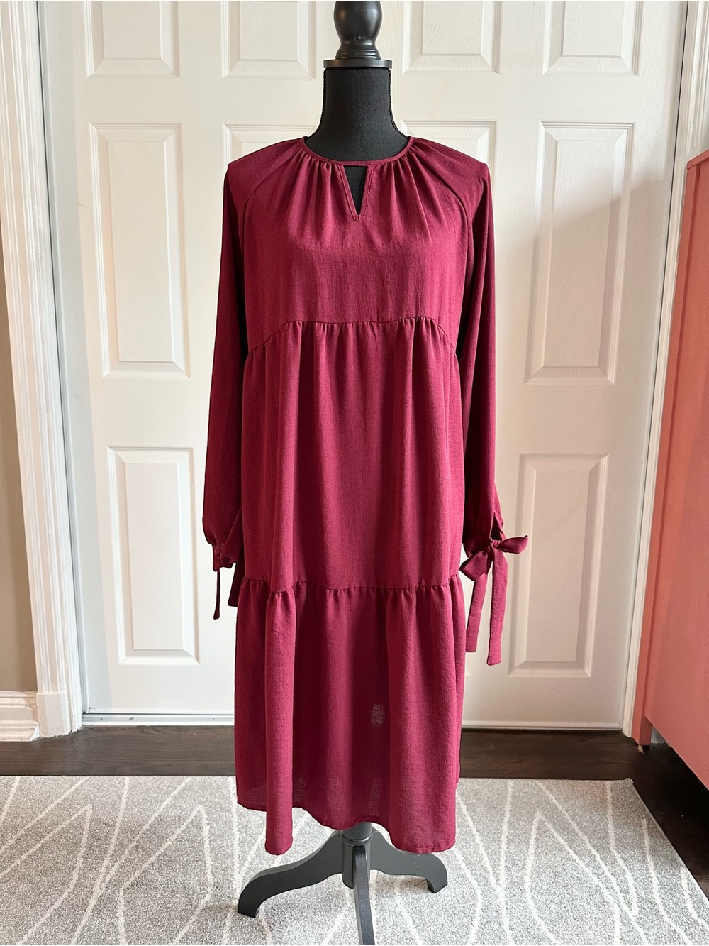 ASOS Maroon Red Tiered Boho Long Sleeve Knee Length Dress
